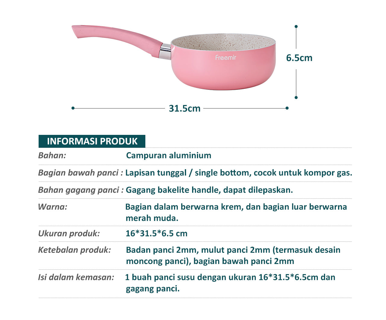 Freemir Panci 16 cm Panci Rebus Mpasi Pink Anti Lengket Granit BPA Free PFOA Free Peralatan Dapur Minimalis Gagang Silikon Anti Panas