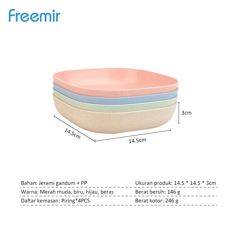 Freemir Paket 1 Lusin – 4 Piring + 4 Gelas + 4 Mangkok Wheatstraw BPA Free PFOA Free Peralatan Dapur Minimalis Jerami Gandum Microwave safe