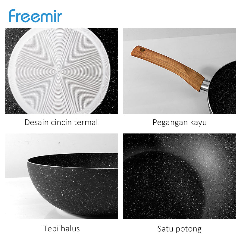 Freemir Wajan 24 cm Anti Lengket Granit BPA Free PFOA Free Wajan Anti Lengket Peralatan Dapur Minimalis Gagang Kayu Kokoh Anti Panas