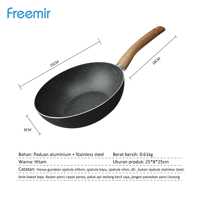 Freemir Wajan 24 cm Anti Lengket Granit BPA Free PFOA Free Wajan Anti Lengket Peralatan Dapur Minimalis Gagang Kayu Kokoh Anti Panas