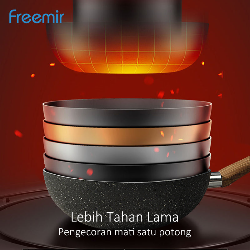 Freemir Wajan 24 cm Anti Lengket Granit BPA Free PFOA Free Wajan Anti Lengket Peralatan Dapur Minimalis Gagang Kayu Kokoh Anti Panas