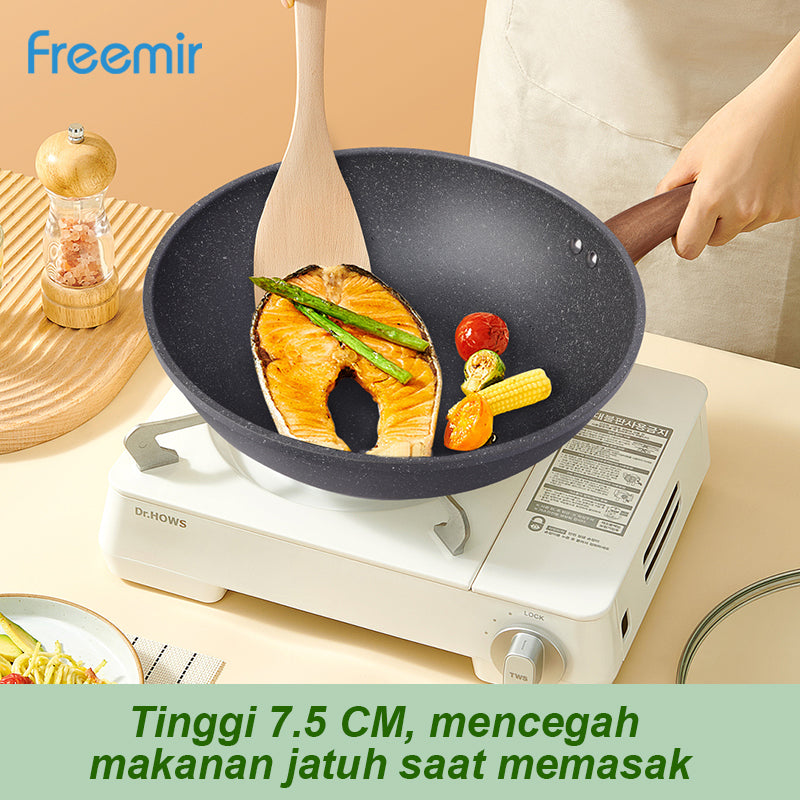 Freemir Wajan 28 cm Anti Lengket Granit BPA Free PFOA Free Wajan Penggorengan Anti Lengket Peralatan Dapur Minimalis Gagang Kayu Kokoh Anti Panas