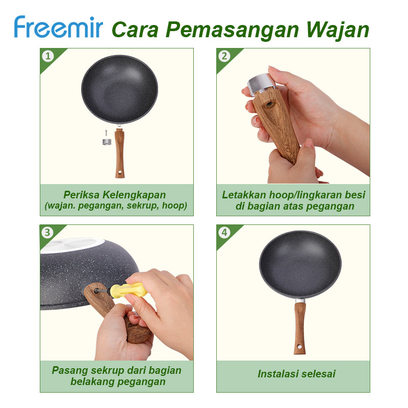 Freemir Wajan 28 cm Anti Lengket Granit BPA Free PFOA Free Wajan Penggorengan Anti Lengket Peralatan Dapur Minimalis Gagang Kayu Kokoh Anti Panas