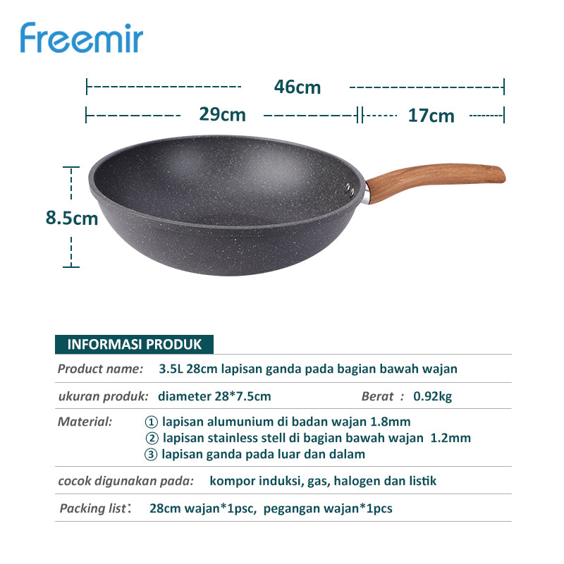 Freemir Wajan 28 cm Anti Lengket Granit BPA Free PFOA Free Wajan Penggorengan Anti Lengket Peralatan Dapur Minimalis Gagang Kayu Kokoh Anti Panas