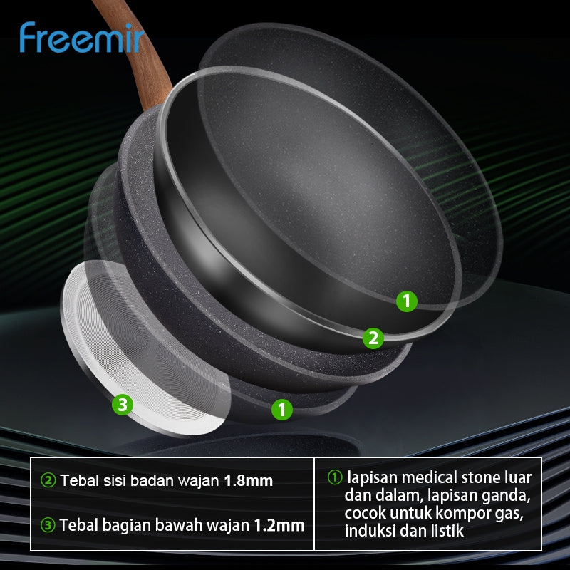 Freemir Wajan 28 cm Anti Lengket Granit BPA Free PFOA Free Wajan Penggorengan Anti Lengket Peralatan Dapur Minimalis Gagang Kayu Kokoh Anti Panas