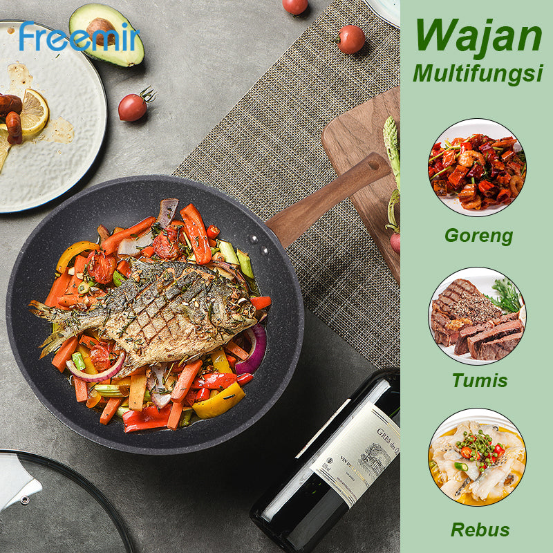 Freemir Wajan 28 cm Anti Lengket Granit BPA Free PFOA Free Wajan Penggorengan Anti Lengket Peralatan Dapur Minimalis Gagang Kayu Kokoh Anti Panas