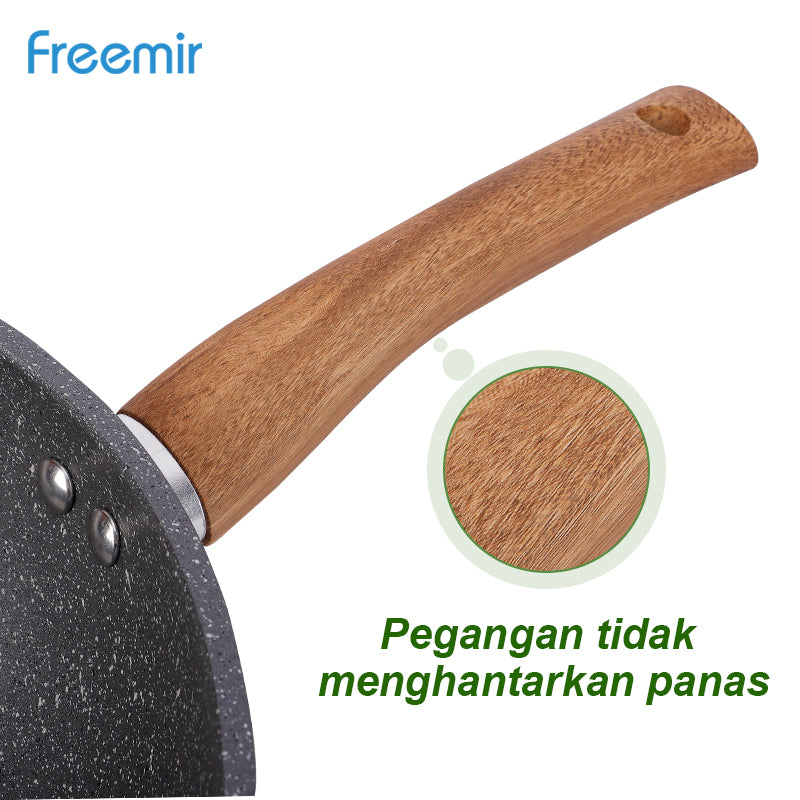 Freemir Wajan 28 cm Anti Lengket Granit BPA Free PFOA Free Wajan Penggorengan Anti Lengket Peralatan Dapur Minimalis Gagang Kayu Kokoh Anti Panas