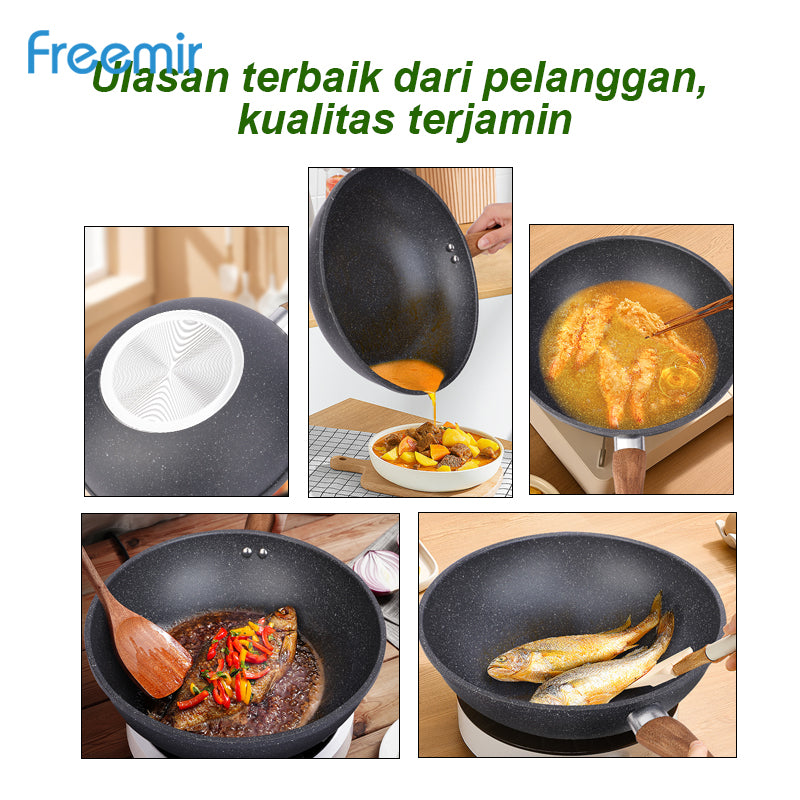 Freemir Wajan 28 cm Anti Lengket Granit BPA Free PFOA Free Wajan Penggorengan Anti Lengket Peralatan Dapur Minimalis Gagang Kayu Kokoh Anti Panas