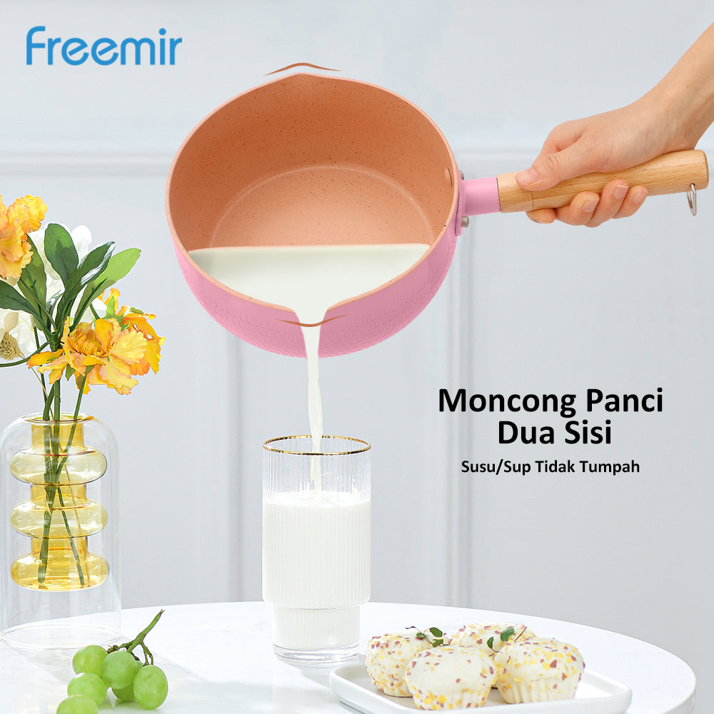 Freemir Panci 18 cm Panci Rebus Mpasi Pink dengan Tutup Kaca Tebal Anti Lengket Granit BPA Free PFOA Free Peralatan Dapur Minimalis Gagang Kayu Anti Panas