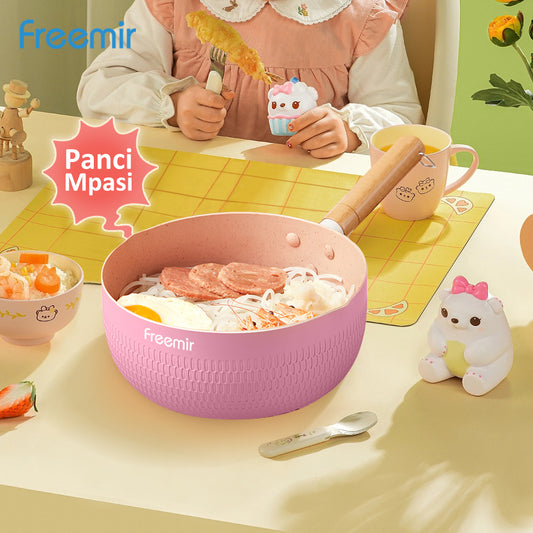 Freemir Panci 18 cm Panci Rebus Mpasi Pink dengan Tutup Kaca Tebal Anti Lengket Granit BPA Free PFOA Free Peralatan Dapur Minimalis Gagang Kayu Anti Panas