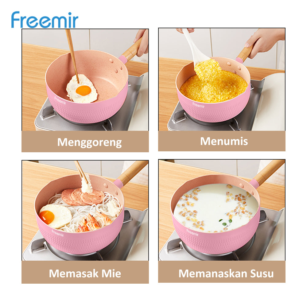 Freemir Panci 18 cm Panci Rebus Mpasi Pink dengan Tutup Kaca Tebal Anti Lengket Granit BPA Free PFOA Free Peralatan Dapur Minimalis Gagang Kayu Anti Panas