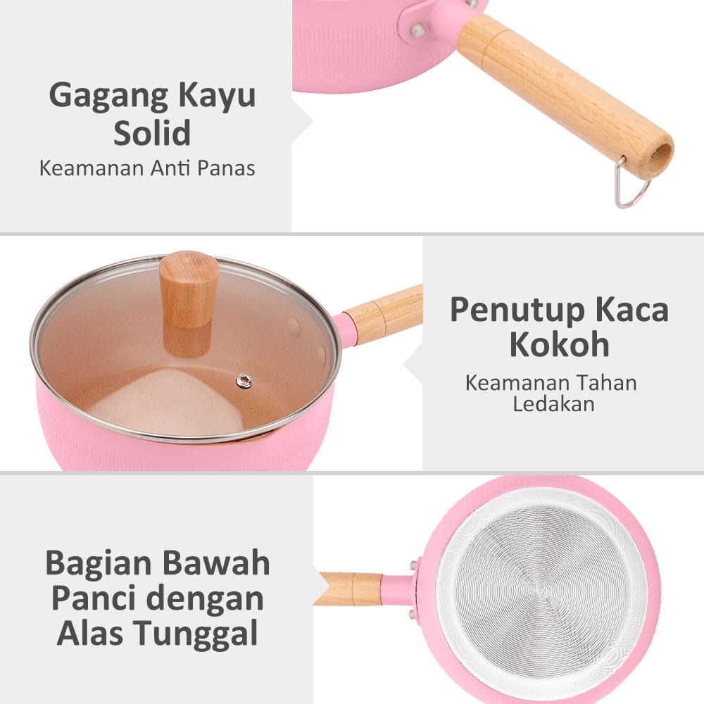 Freemir Panci 18 cm Panci Rebus Mpasi Pink dengan Tutup Kaca Tebal Anti Lengket Granit BPA Free PFOA Free Peralatan Dapur Minimalis Gagang Kayu Anti Panas