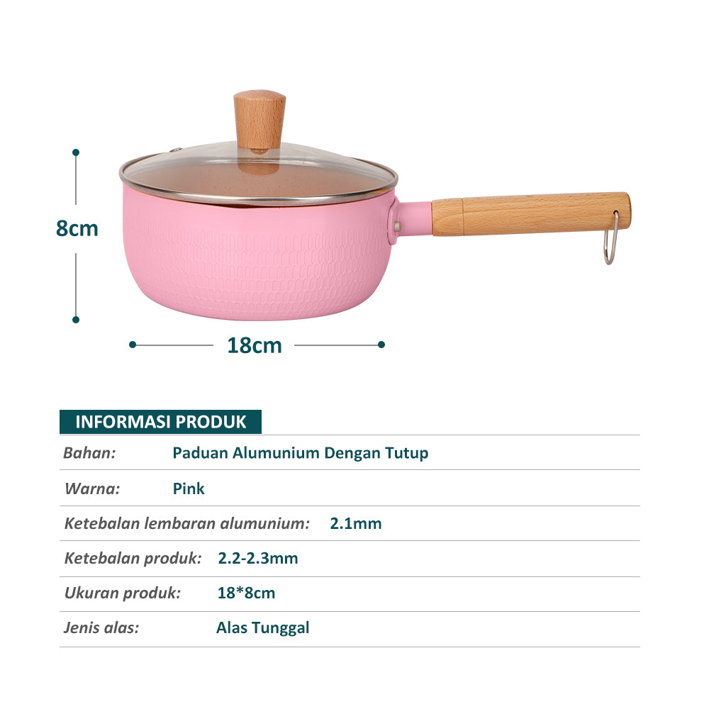 Freemir Panci 18 cm Panci Rebus Mpasi Pink dengan Tutup Kaca Tebal Anti Lengket Granit BPA Free PFOA Free Peralatan Dapur Minimalis Gagang Kayu Anti Panas