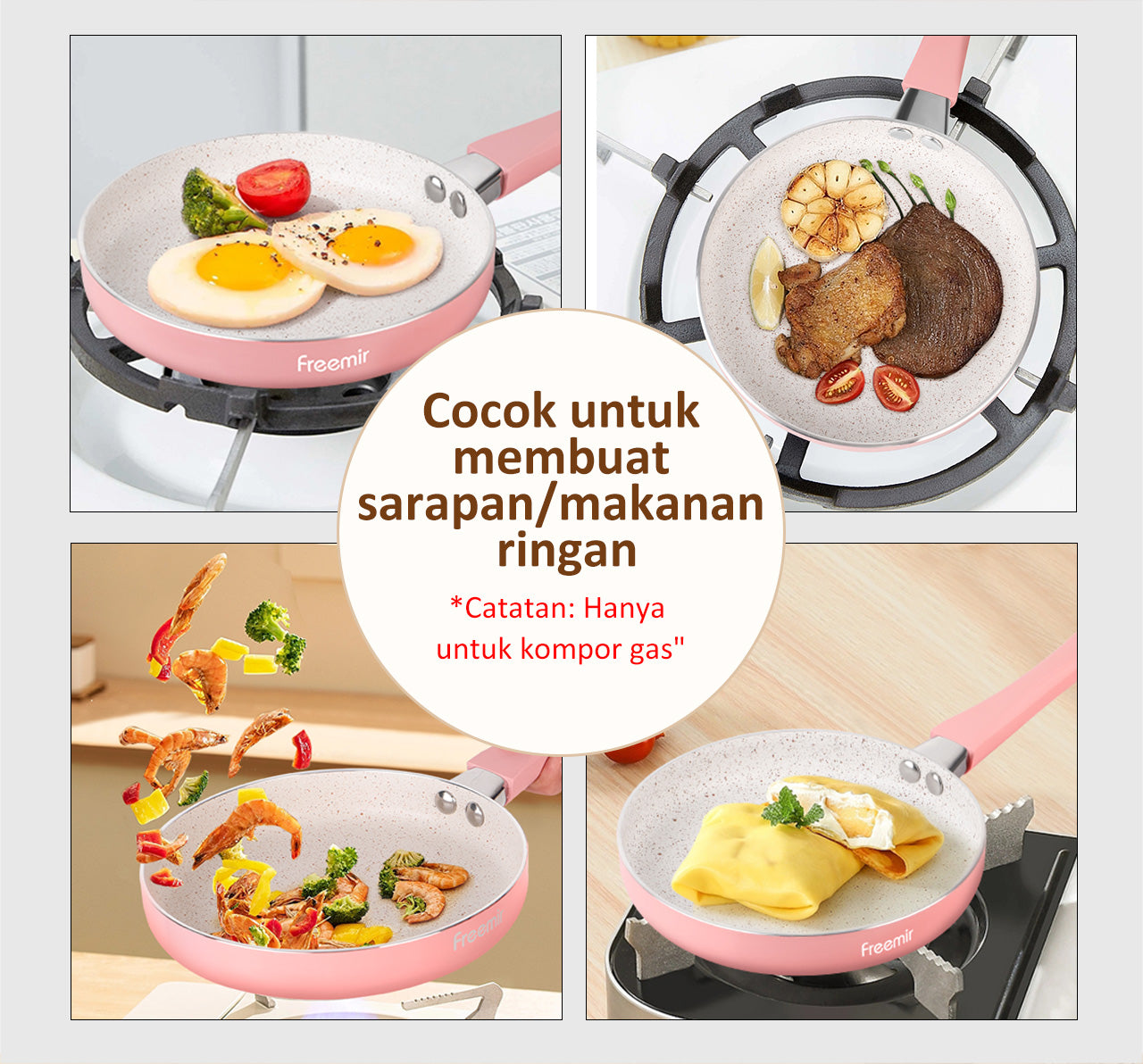 Freemir Teflon 16 cm Teflon Pink Anti Lengket Granit BPA Free PFOA Free Wajan Anti Lengket Peralatan Dapur Minimalis Gagang Silikon Anti Panas