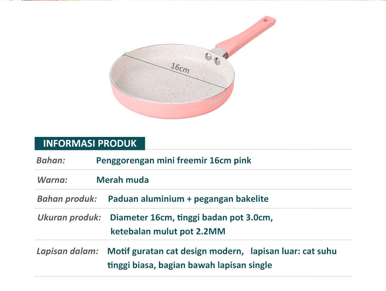 Freemir Teflon 16 cm Teflon Pink Anti Lengket Granit BPA Free PFOA Free Wajan Anti Lengket Peralatan Dapur Minimalis Gagang Silikon Anti Panas