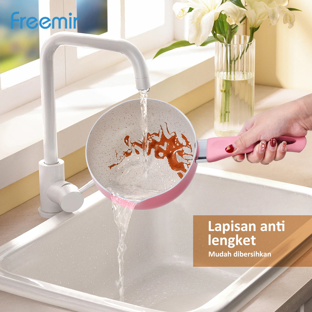 Freemir Panci 16 cm Panci Rebus Mpasi Pink Anti Lengket Granit BPA Free PFOA Free Peralatan Dapur Minimalis Gagang Silikon Anti Panas