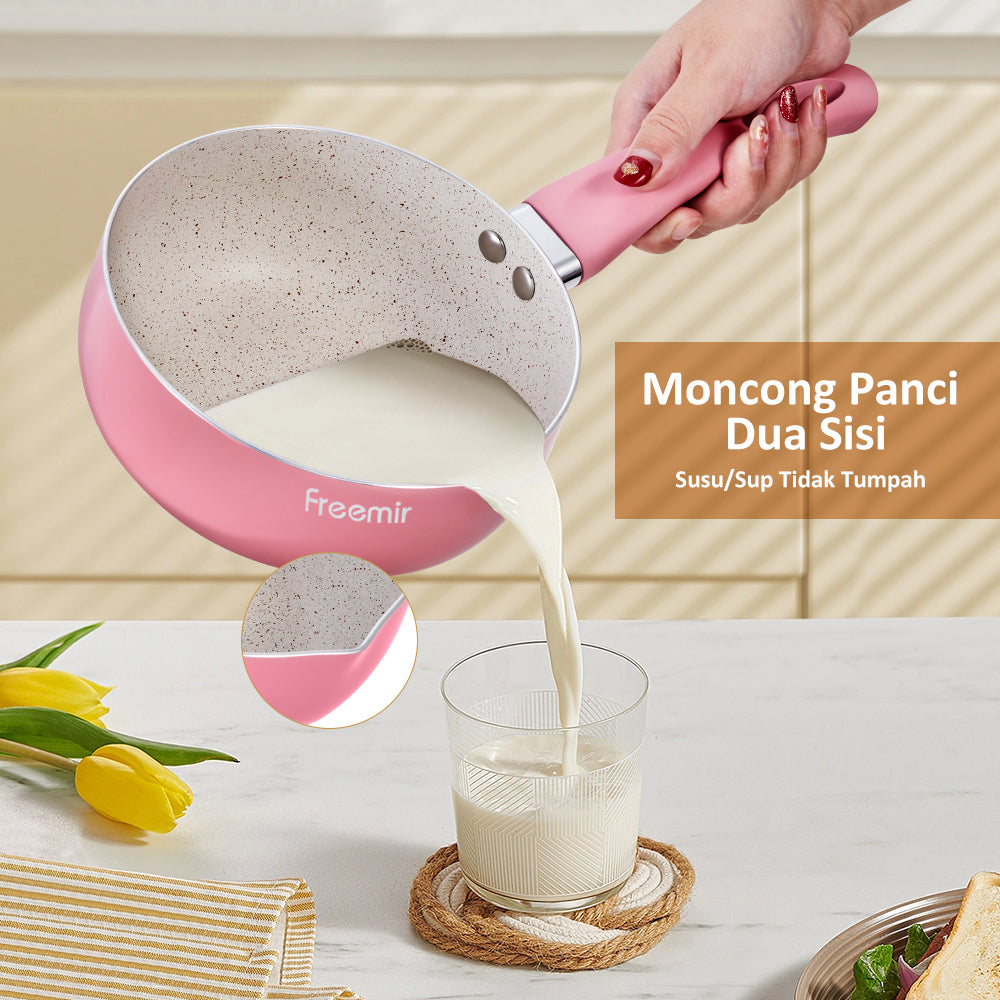 Freemir Panci 16 cm Panci Rebus Mpasi Pink Anti Lengket Granit BPA Free PFOA Free Peralatan Dapur Minimalis Gagang Silikon Anti Panas