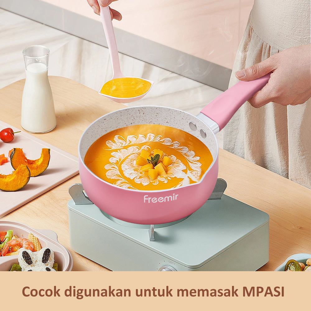 Freemir Panci 16 cm Panci Rebus Mpasi Pink Anti Lengket Granit BPA Free PFOA Free Peralatan Dapur Minimalis Gagang Silikon Anti Panas