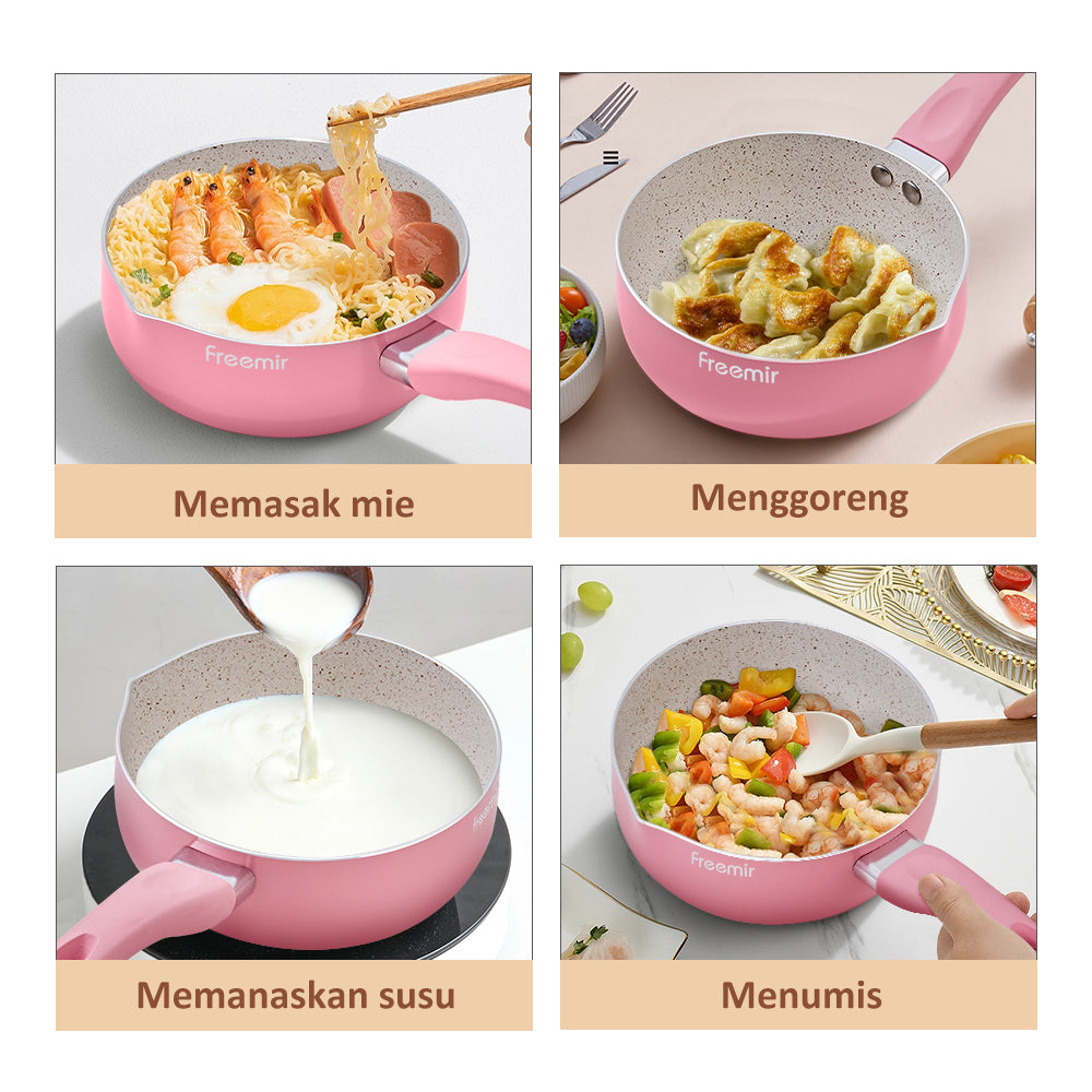 Freemir Panci 16 cm Panci Rebus Mpasi Pink Anti Lengket Granit BPA Free PFOA Free Peralatan Dapur Minimalis Gagang Silikon Anti Panas