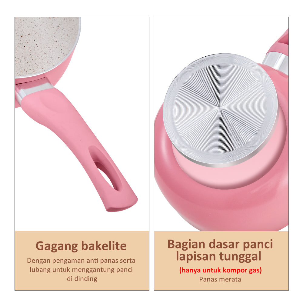 Freemir Panci 16 cm Panci Rebus Mpasi Pink Anti Lengket Granit BPA Free PFOA Free Peralatan Dapur Minimalis Gagang Silikon Anti Panas