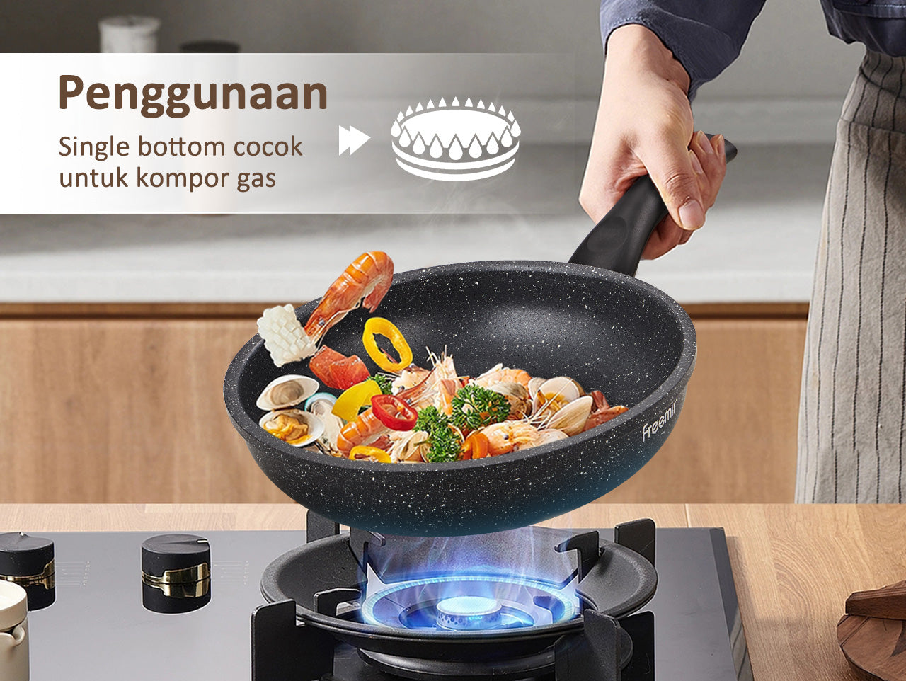 Freemir Teflon 20 cm Anti Lengket Granit BPA Free PFOA Free Wajan Anti Lengket Peralatan Dapur Minimalis Gagang Backlite Hitam Anti Panas