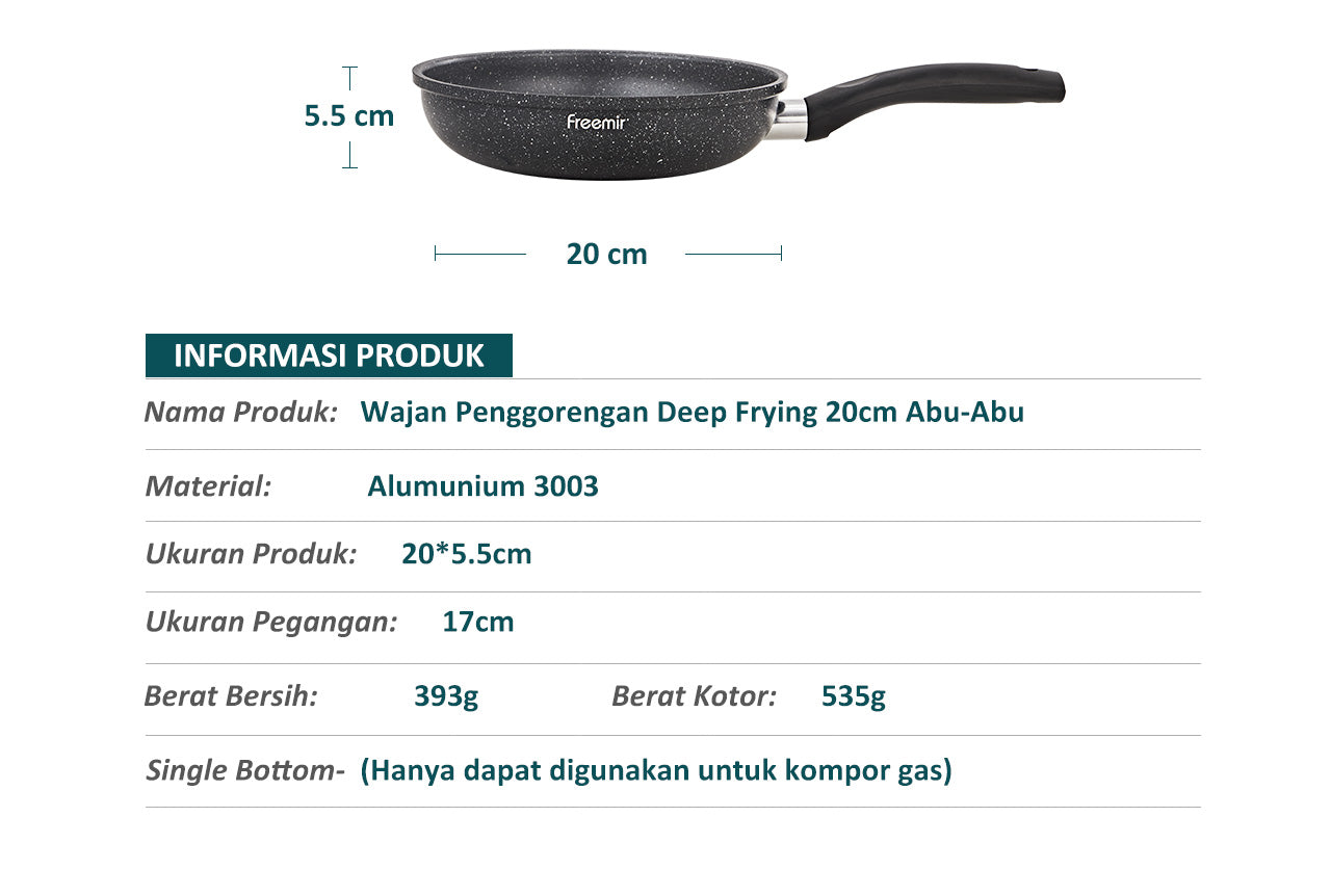 Freemir Teflon 20 cm Anti Lengket Granit BPA Free PFOA Free Wajan Anti Lengket Peralatan Dapur Minimalis Gagang Backlite Hitam Anti Panas