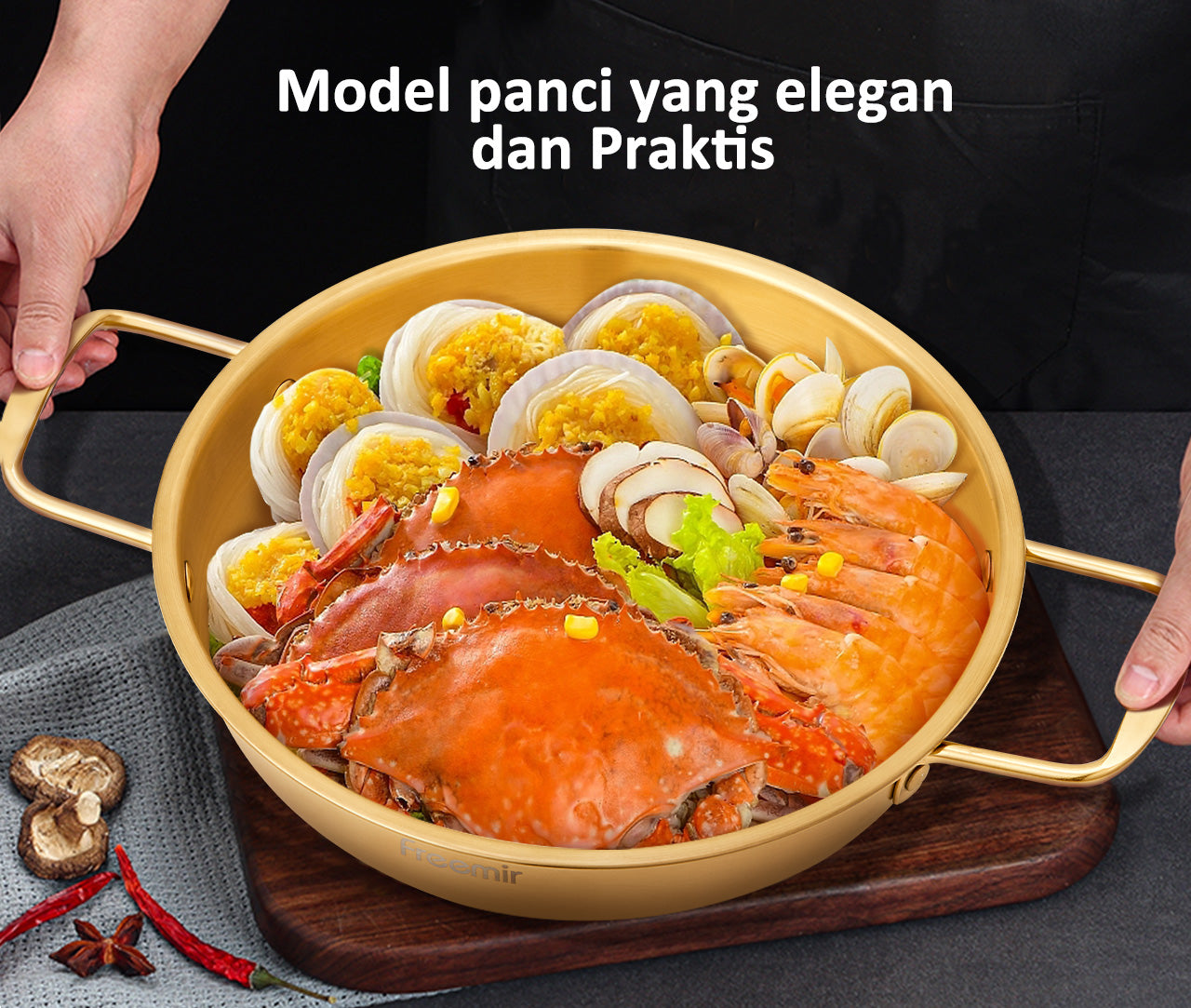 Freemir Panci 20 cm Panci Rebus Emas Korea Anti Lengket Stainless Steel 304 BPA Free PFOA Free Peralatan Dapur Minimalis Gagang Anti Panas