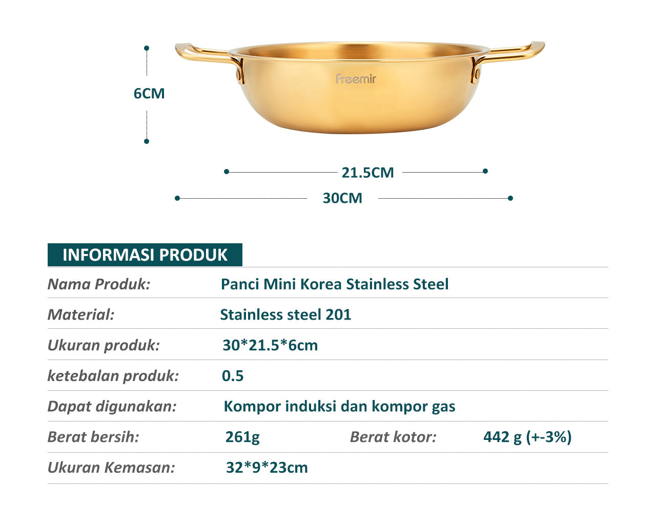 Freemir Panci 20 cm Panci Rebus Emas Korea Anti Lengket Stainless Steel 304 BPA Free PFOA Free Peralatan Dapur Minimalis Gagang Anti Panas