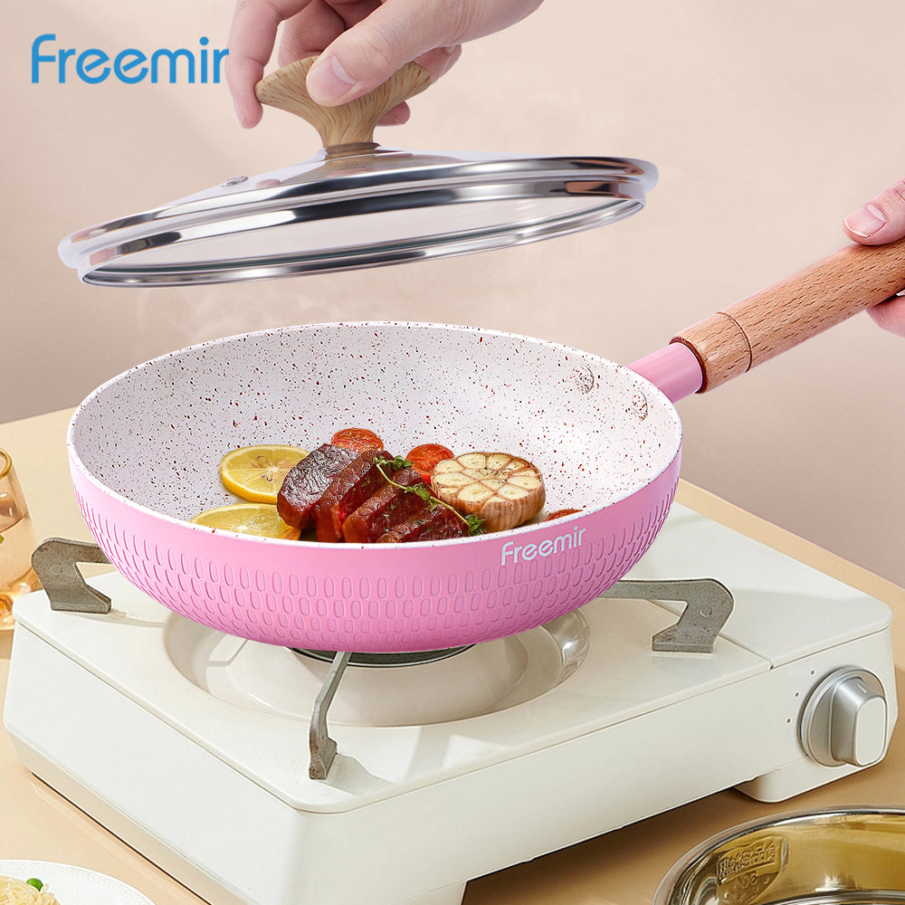 Freemir Teflon 20 cm Anti Lengket dengan Tutup Kaca Tebal Granit BPA Free PFOA Free Teflon Panggang Grill Peralatan Dapur Minimalis Gagang Silikon Anti Panas