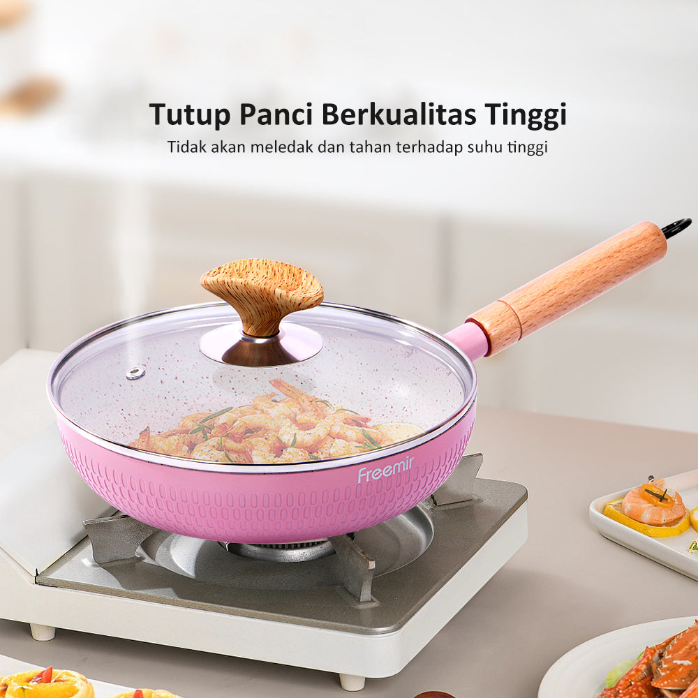 Freemir Teflon 20 cm Anti Lengket dengan Tutup Kaca Tebal Granit BPA Free PFOA Free Teflon Panggang Grill Peralatan Dapur Minimalis Gagang Silikon Anti Panas