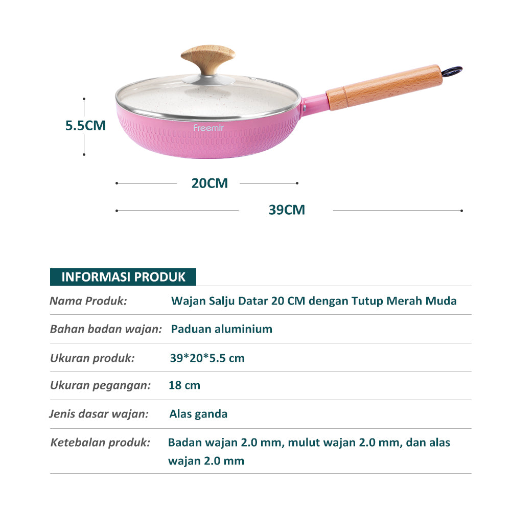 Freemir Teflon 20 cm Anti Lengket dengan Tutup Kaca Tebal Granit BPA Free PFOA Free Teflon Panggang Grill Peralatan Dapur Minimalis Gagang Silikon Anti Panas