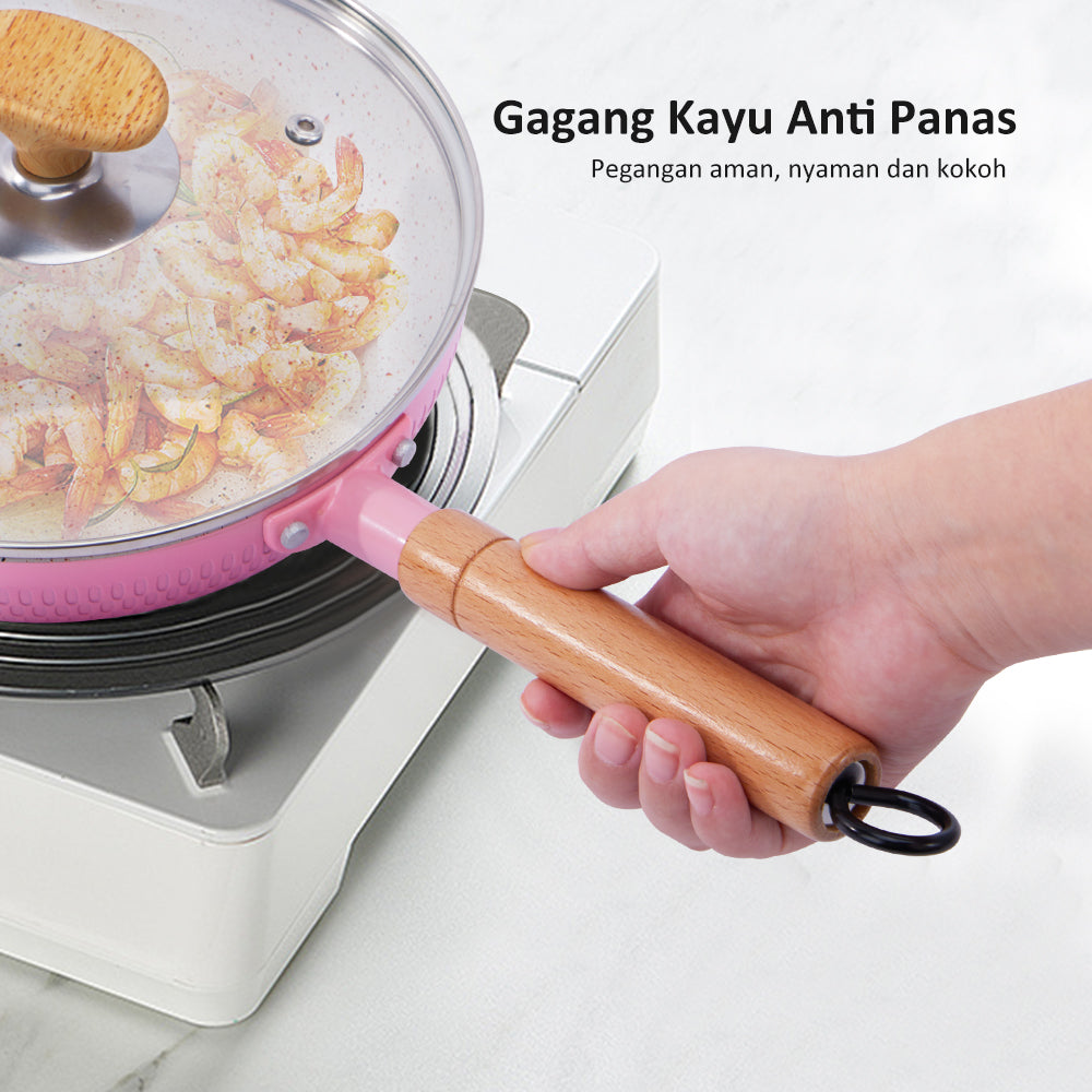 Freemir Teflon 20 cm Anti Lengket dengan Tutup Kaca Tebal Granit BPA Free PFOA Free Teflon Panggang Grill Peralatan Dapur Minimalis Gagang Silikon Anti Panas