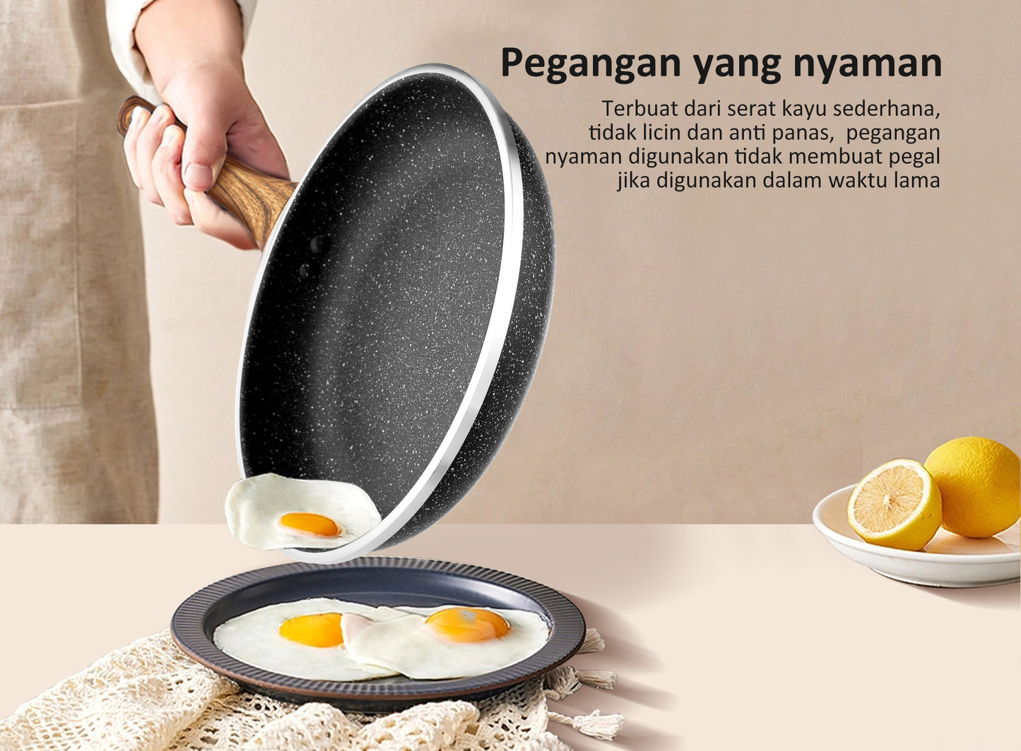 Freemir Teflon 20 cm Anti Lengket Granit BPA Free PFOA Free Anti Lengket Peralatan Dapur Minimalis Gagang Kayu Anti Panas