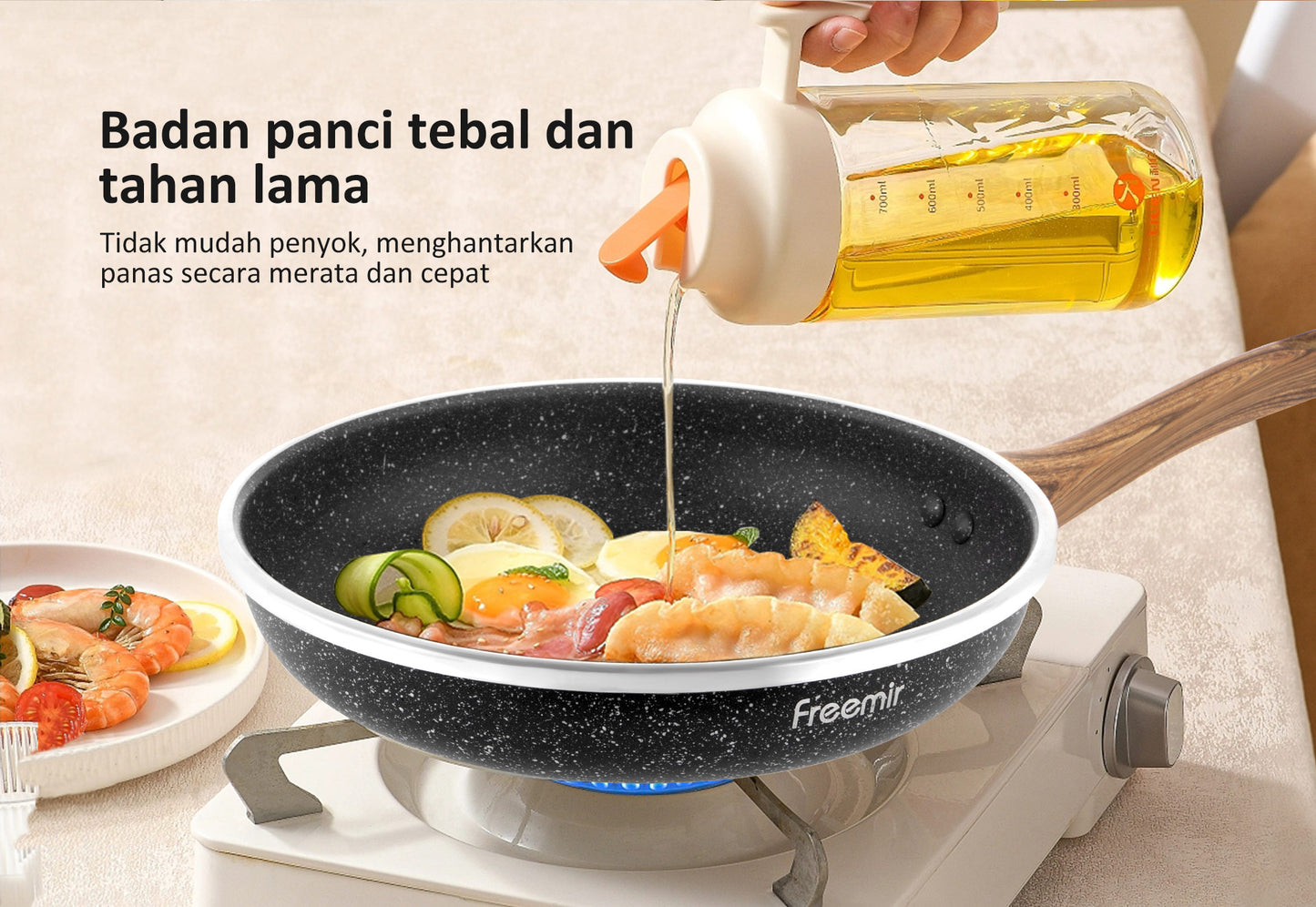 Freemir Teflon 20 cm Anti Lengket Granit BPA Free PFOA Free Anti Lengket Peralatan Dapur Minimalis Gagang Kayu Anti Panas