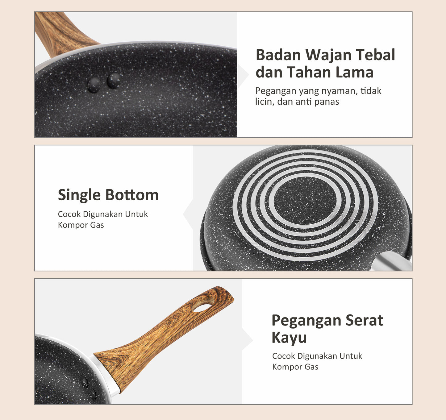 Freemir Teflon 20 cm Anti Lengket Granit BPA Free PFOA Free Anti Lengket Peralatan Dapur Minimalis Gagang Kayu Anti Panas