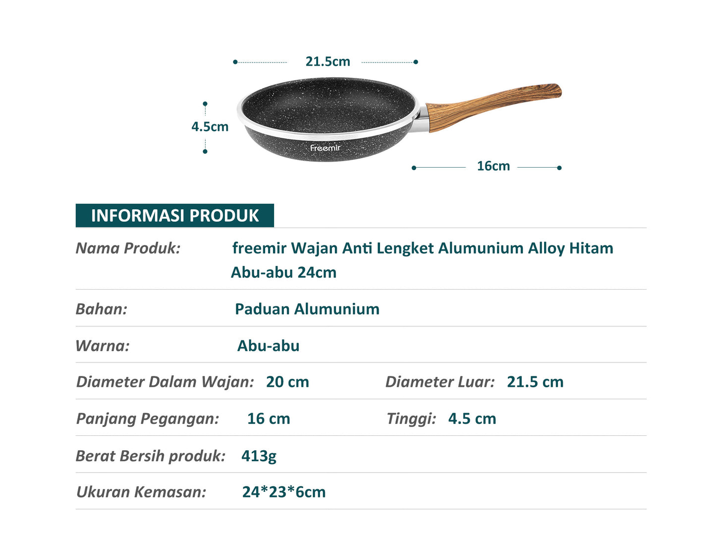 Freemir Teflon 20 cm Anti Lengket Granit BPA Free PFOA Free Anti Lengket Peralatan Dapur Minimalis Gagang Kayu Anti Panas