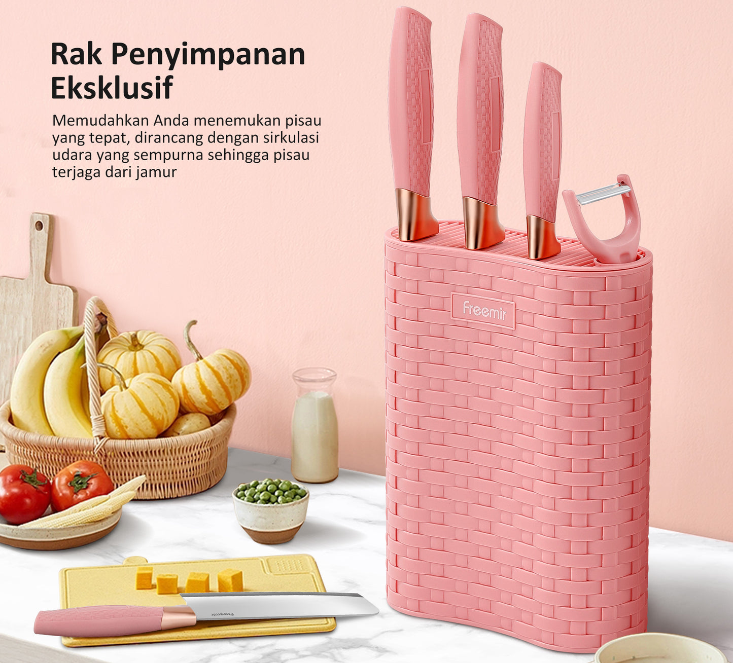 Freemir Pisau 5 in 1 Bahan Baja Tajam dengan Rak Pisau Pink Stylish Aesthetic Pisau Daging Pisau Dapur Minimalis Gagang Kokoh