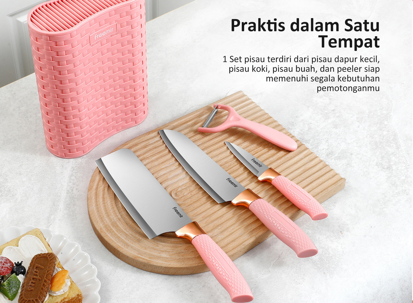 Freemir Pisau 5 in 1 Bahan Baja Tajam dengan Rak Pisau Pink Stylish Aesthetic Pisau Daging Pisau Dapur Minimalis Gagang Kokoh