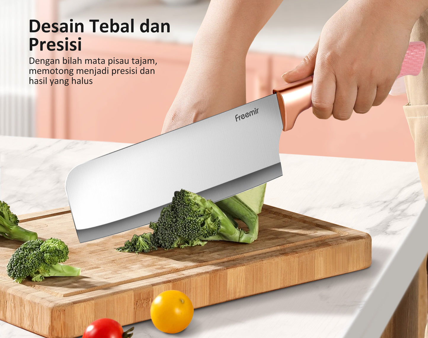 Freemir Pisau 5 in 1 Bahan Baja Tajam dengan Rak Pisau Pink Stylish Aesthetic Pisau Daging Pisau Dapur Minimalis Gagang Kokoh