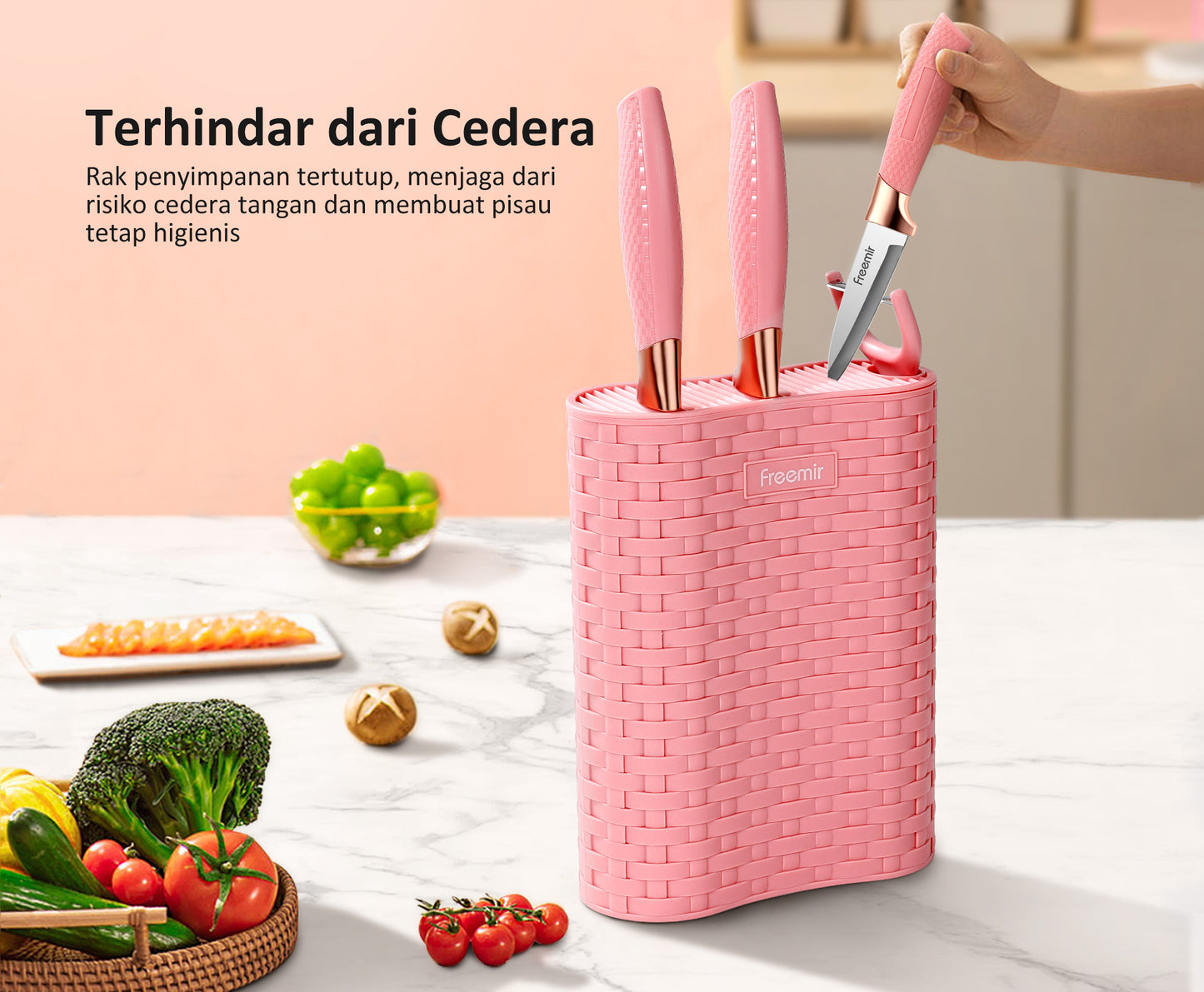 Freemir Pisau 5 in 1 Bahan Baja Tajam dengan Rak Pisau Pink Stylish Aesthetic Pisau Daging Pisau Dapur Minimalis Gagang Kokoh