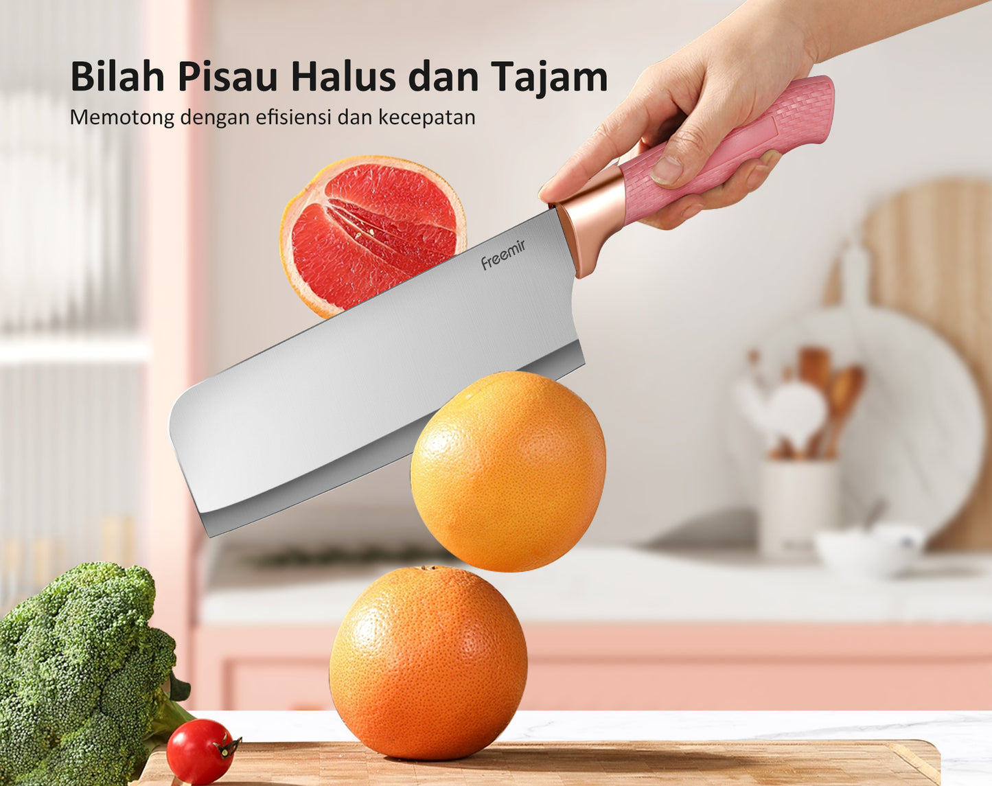 Freemir Pisau 5 in 1 Bahan Baja Tajam dengan Rak Pisau Pink Stylish Aesthetic Pisau Daging Pisau Dapur Minimalis Gagang Kokoh