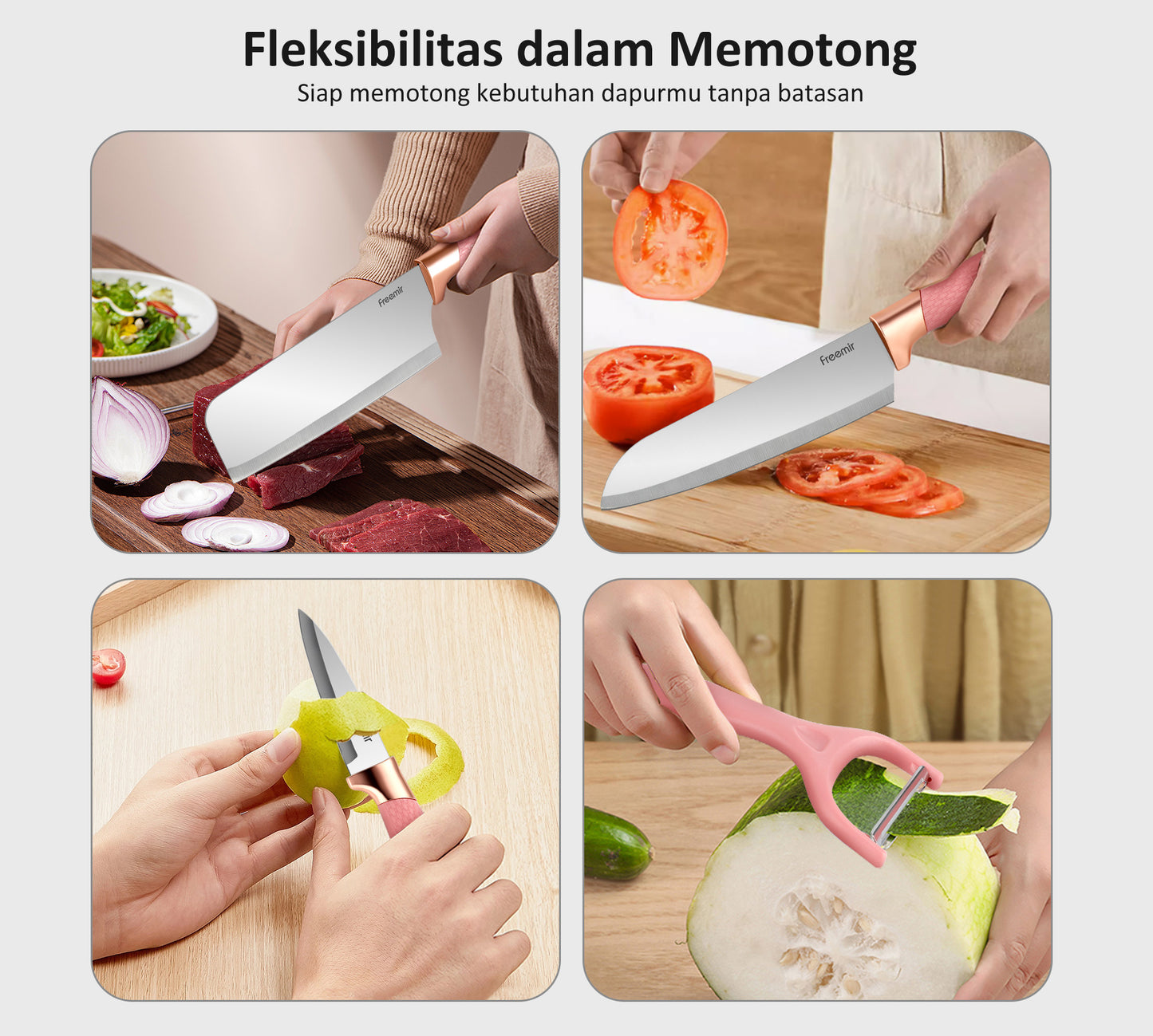 Freemir Pisau 5 in 1 Bahan Baja Tajam dengan Rak Pisau Pink Stylish Aesthetic Pisau Daging Pisau Dapur Minimalis Gagang Kokoh