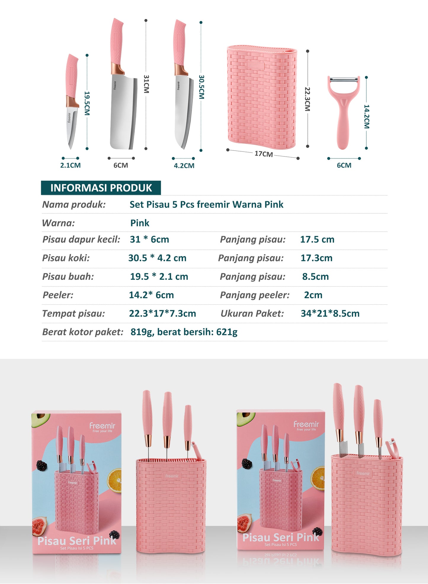 Freemir Pisau 5 in 1 Bahan Baja Tajam dengan Rak Pisau Pink Stylish Aesthetic Pisau Daging Pisau Dapur Minimalis Gagang Kokoh