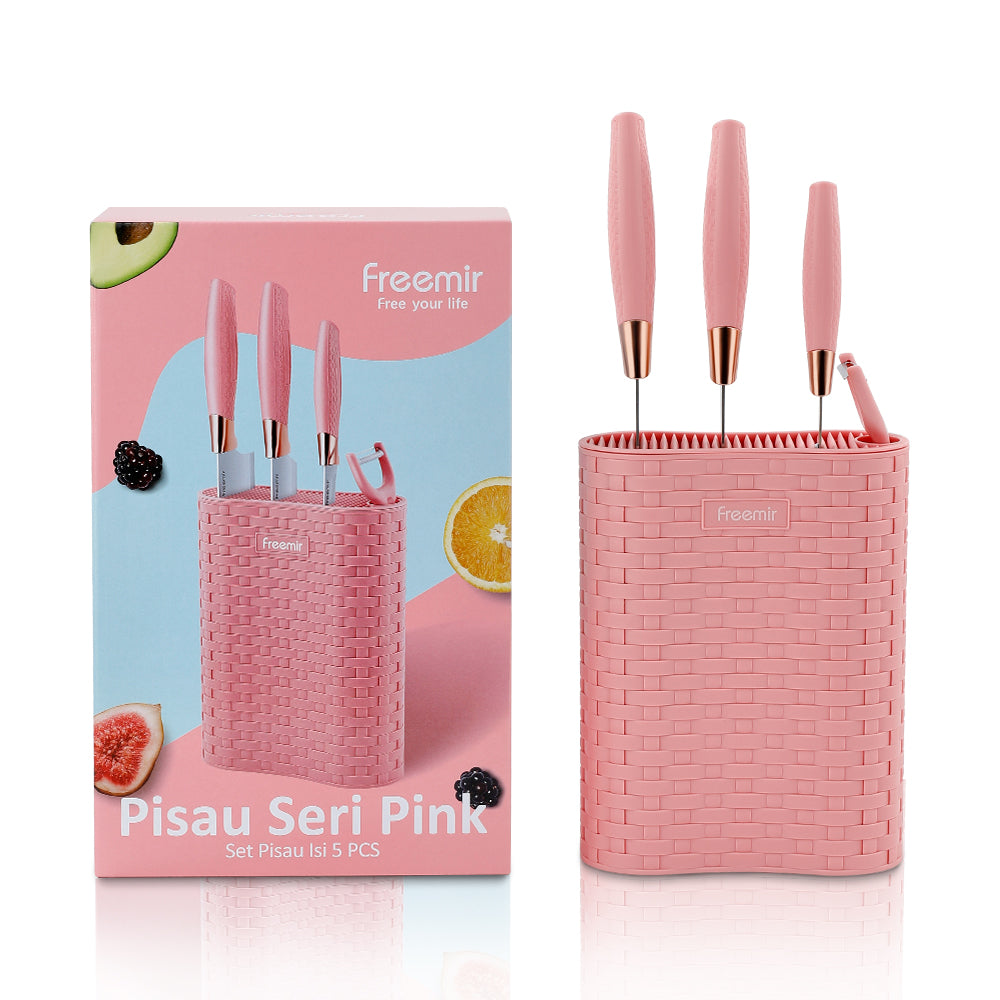 Freemir Pisau 5 in 1 Bahan Baja Tajam dengan Rak Pisau Pink Stylish Aesthetic Pisau Daging Pisau Dapur Minimalis Gagang Kokoh