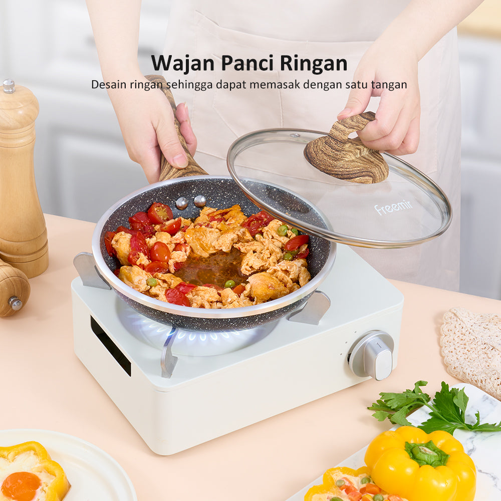 Freemir 3 in 1 set Wajan Penggorengan 26-20-20 cm Anti Lengket dengan Tutup Kaca Tebal Granit BPA Free PFOA Free Peralatan Dapur Minimalis Gagang Kayu Anti Panas