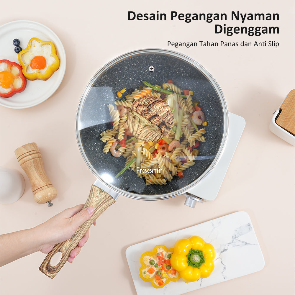 Freemir 3 in 1 set Wajan Penggorengan 26-20-20 cm Anti Lengket dengan Tutup Kaca Tebal Granit BPA Free PFOA Free Peralatan Dapur Minimalis Gagang Kayu Anti Panas