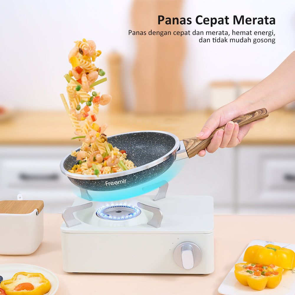 Freemir 3 in 1 set Wajan Penggorengan 26-20-20 cm Anti Lengket dengan Tutup Kaca Tebal Granit BPA Free PFOA Free Peralatan Dapur Minimalis Gagang Kayu Anti Panas