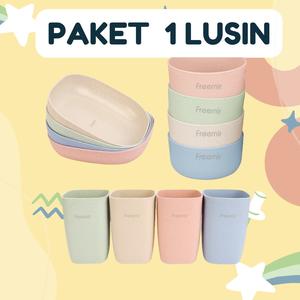 Freemir Paket 1 Lusin – 4 Piring + 4 Gelas + 4 Mangkok Wheatstraw BPA Free PFOA Free Peralatan Dapur Minimalis Jerami Gandum Microwave safe